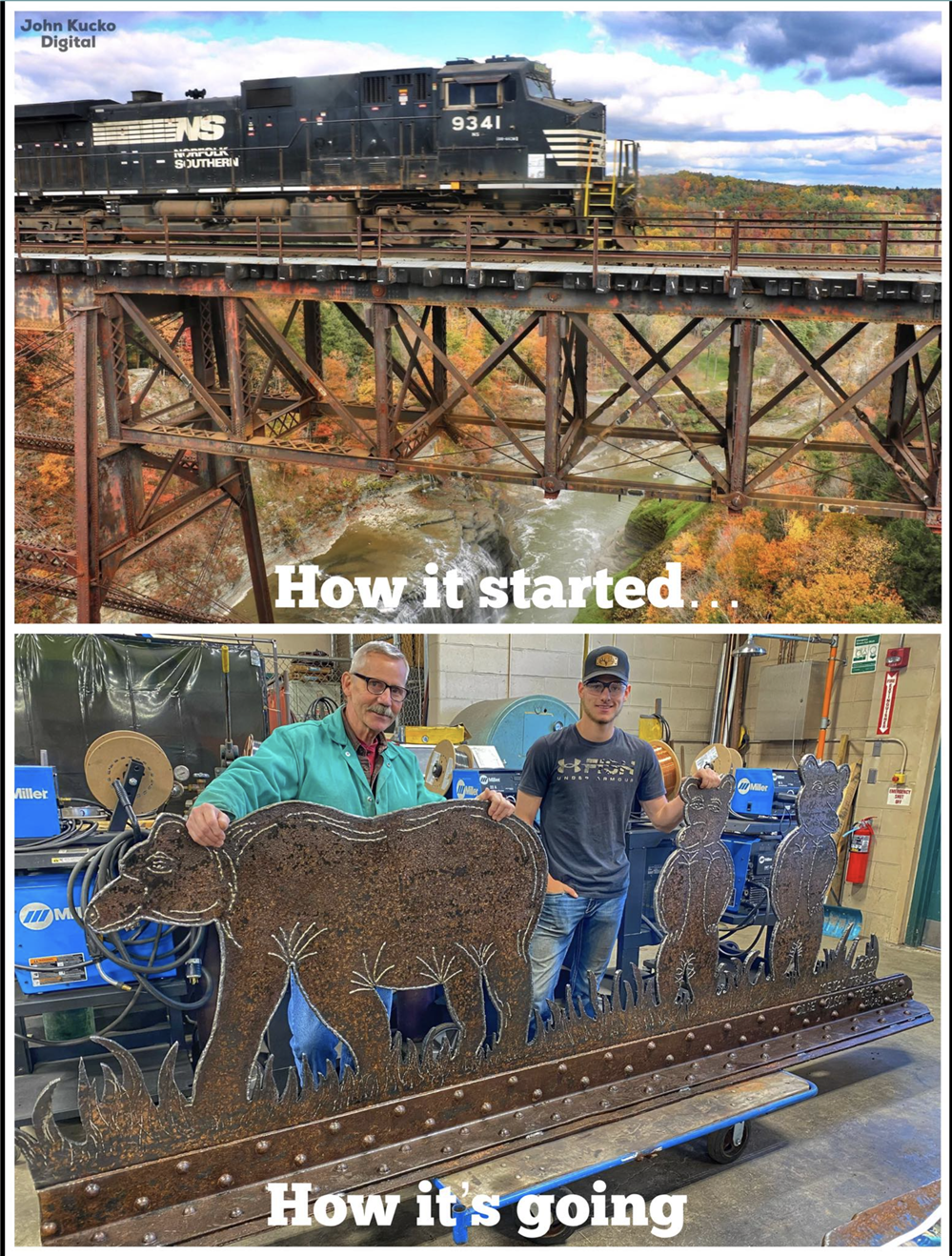  Images for the original train track and how the iron has been repurposed to create sculptures. 